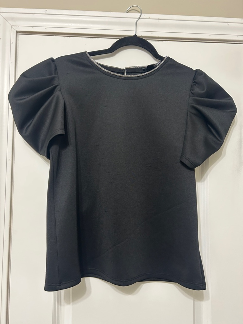 Cache Black Puff Sleeve Blouse with Subtle Crew Neck